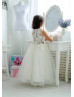 Beaded Ivory Lace Tulle Illusion Back Flower Girl Dress